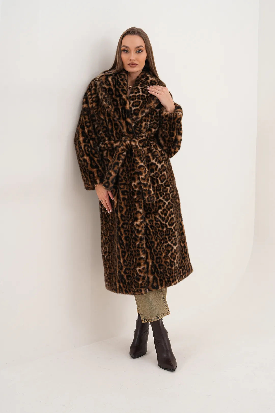 Full-Length Mink Leopard Faux Fur Coat