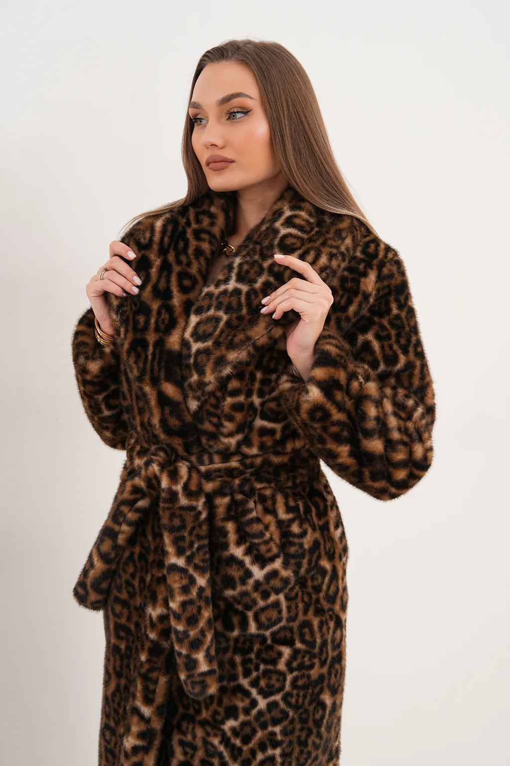 Full-Length Mink Leopard Faux Fur Coat