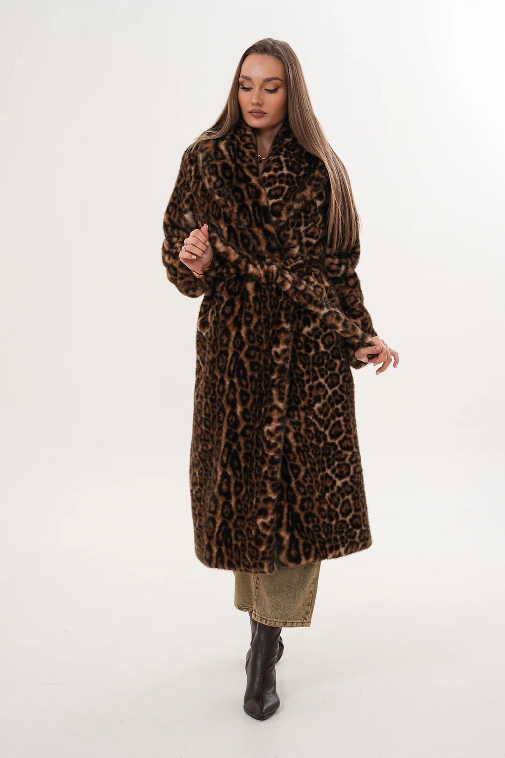 Full-Length Mink Leopard Faux Fur Coat