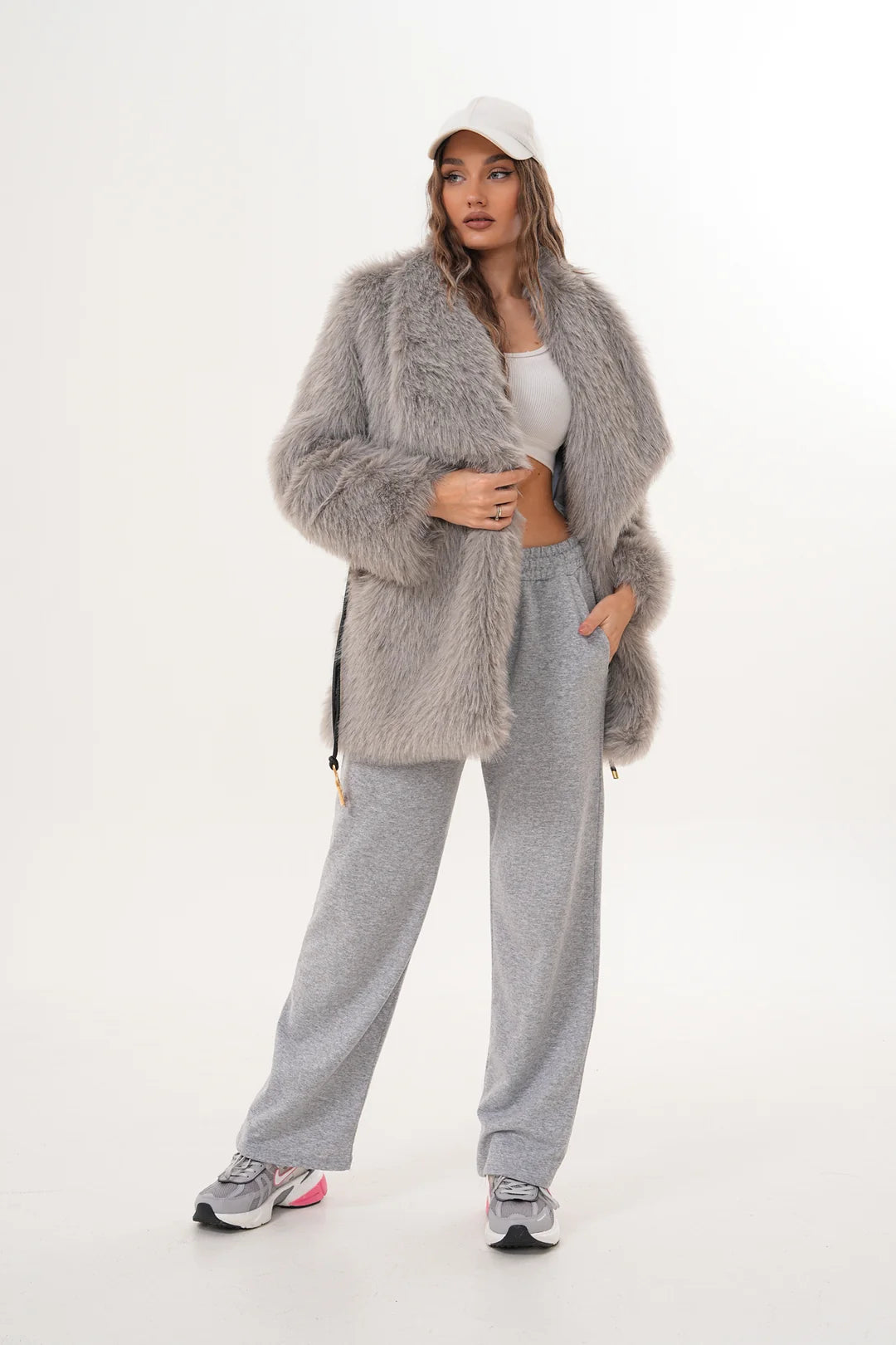 Grey Belted Wide Collar Midi-Length Faux Fur Coat