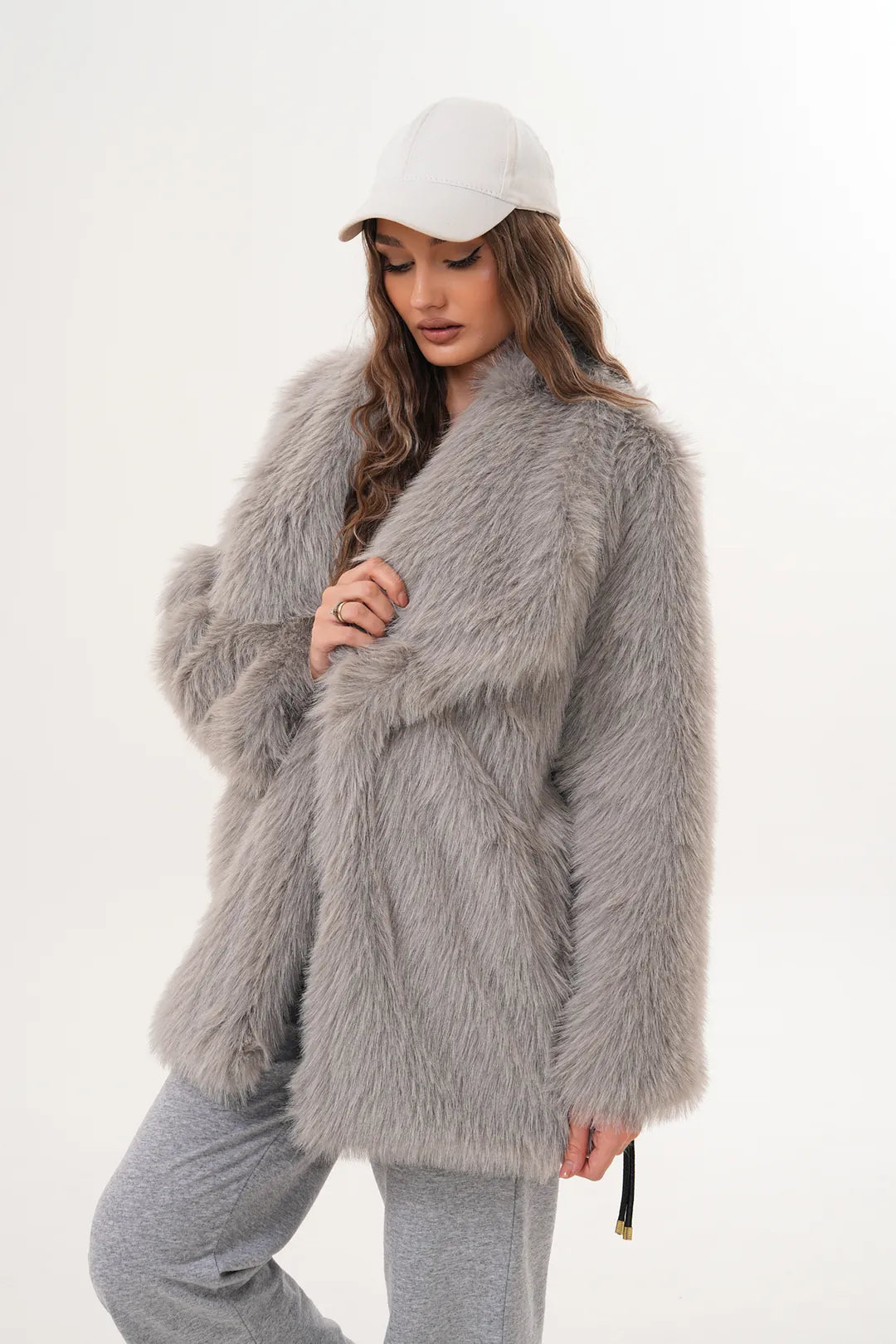 Grey Belted Wide Collar Midi-Length Faux Fur Coat