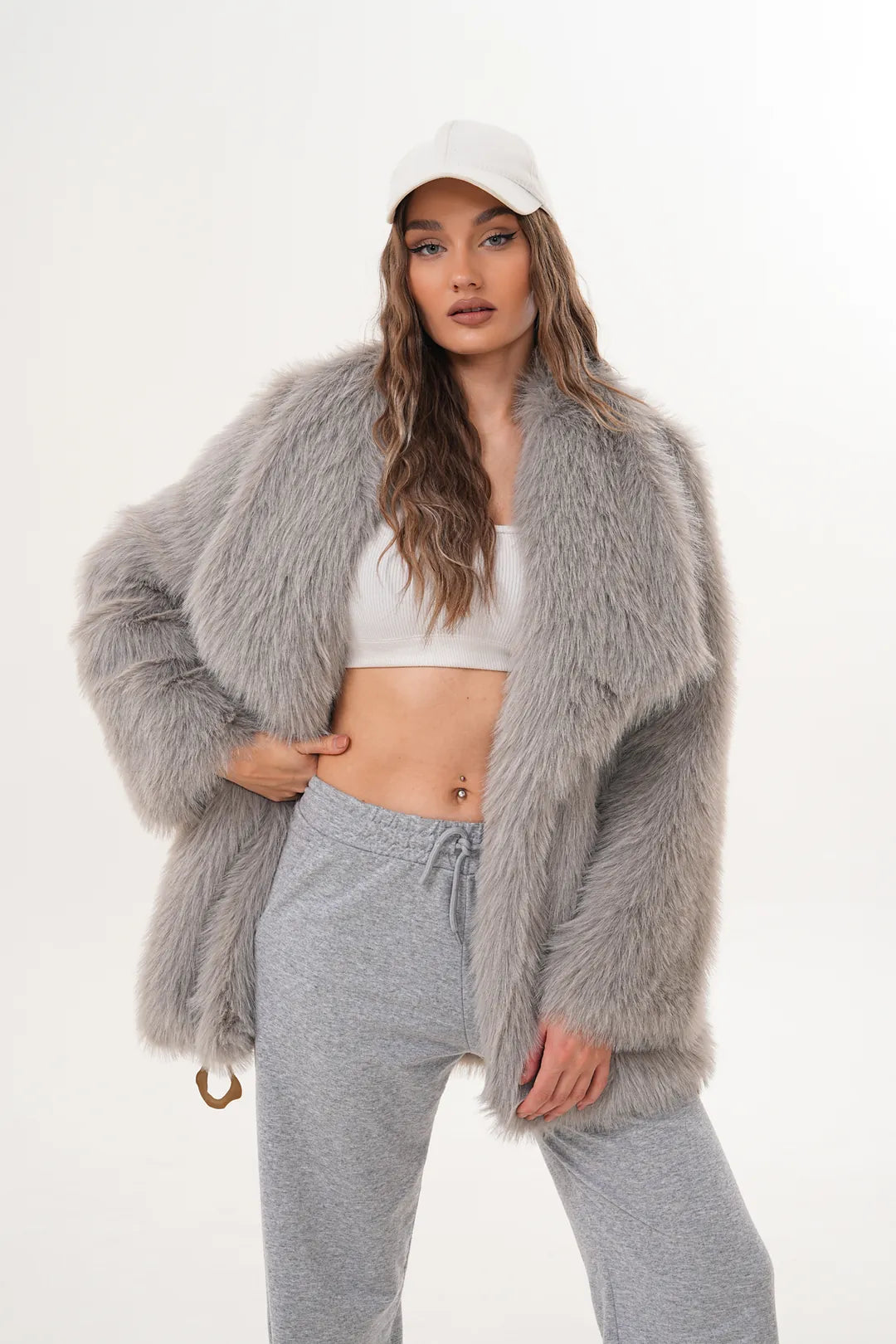 Grey Belted Wide Collar Midi-Length Faux Fur Coat