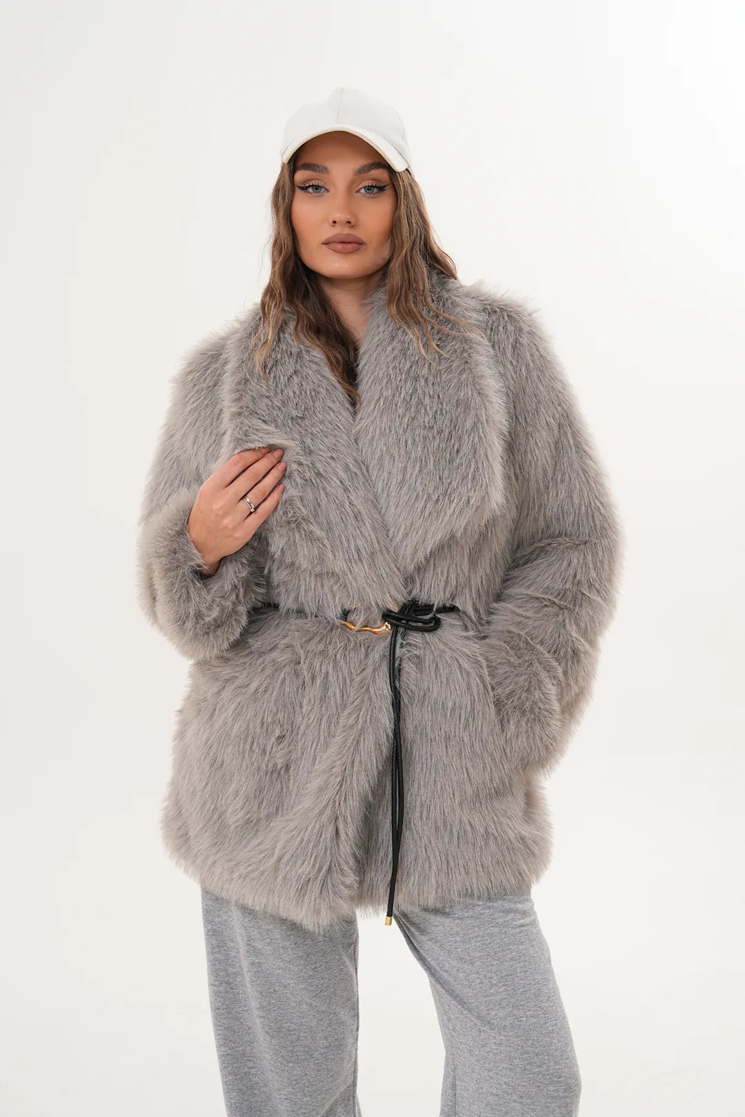 Grey Belted Wide Collar Midi-Length Faux Fur Coat