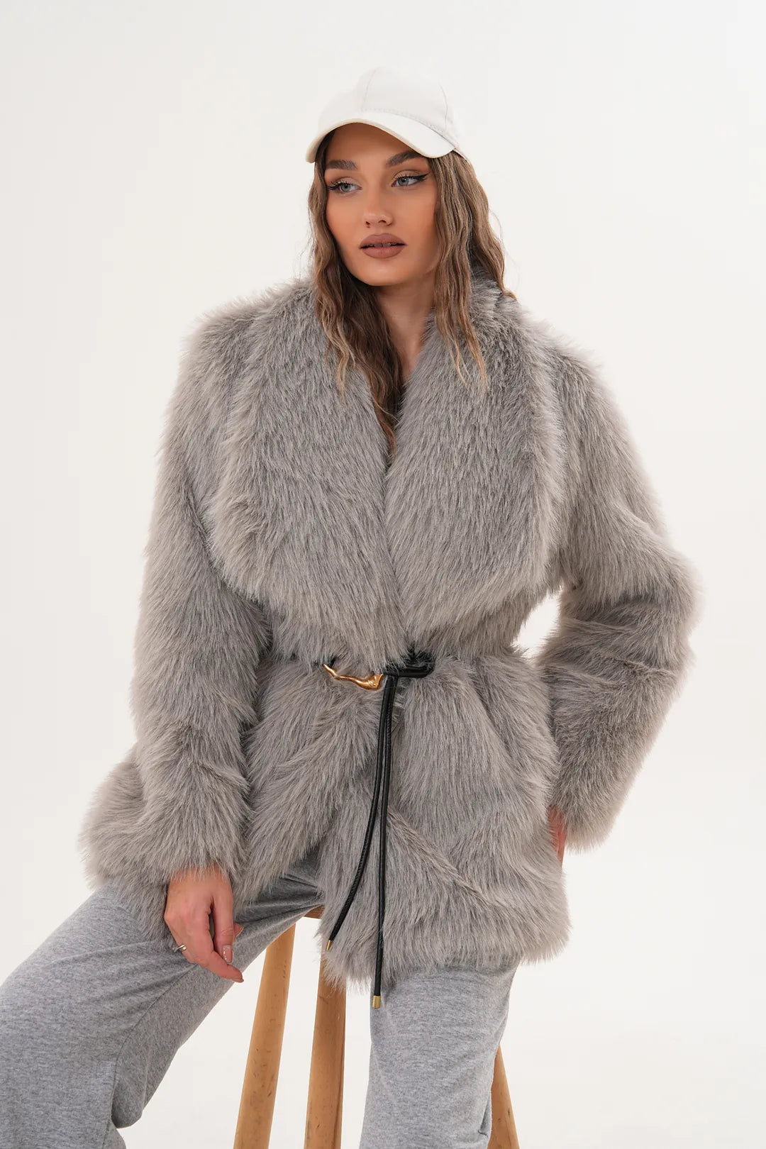 Grey Belted Wide Collar Midi-Length Faux Fur Coat