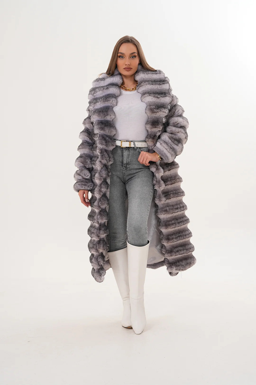 Grey Chinchilla Pattern Faux Fur Coat