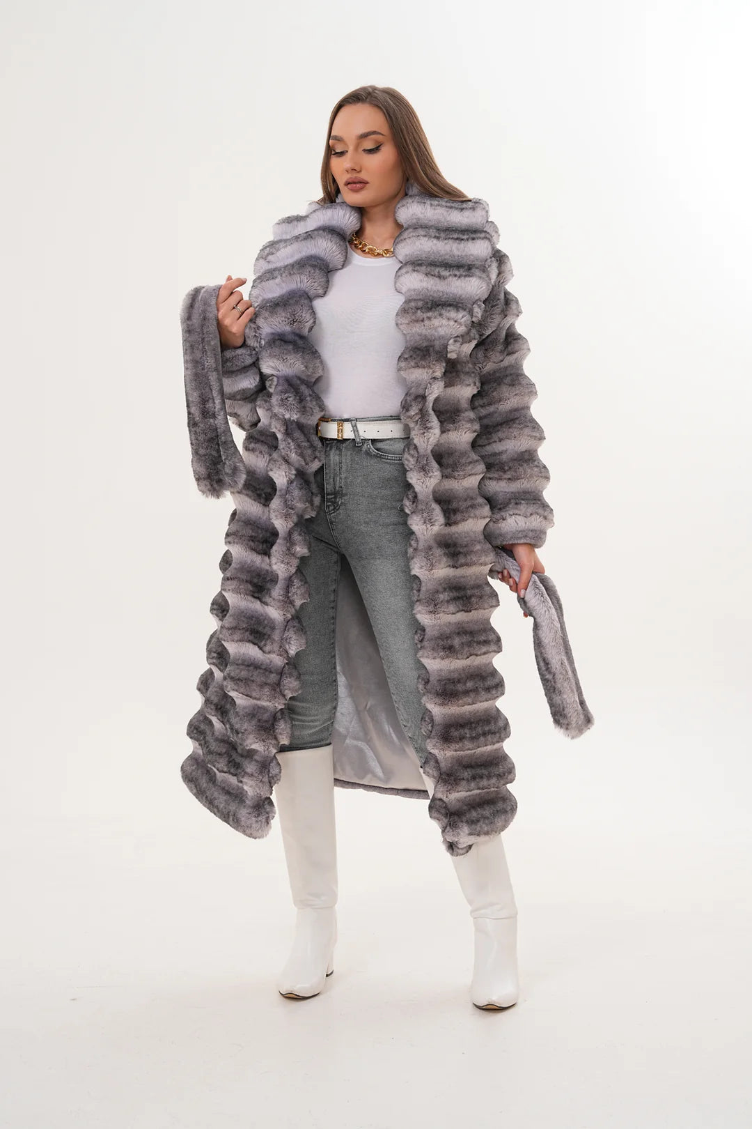 Grey Chinchilla Pattern Faux Fur Coat