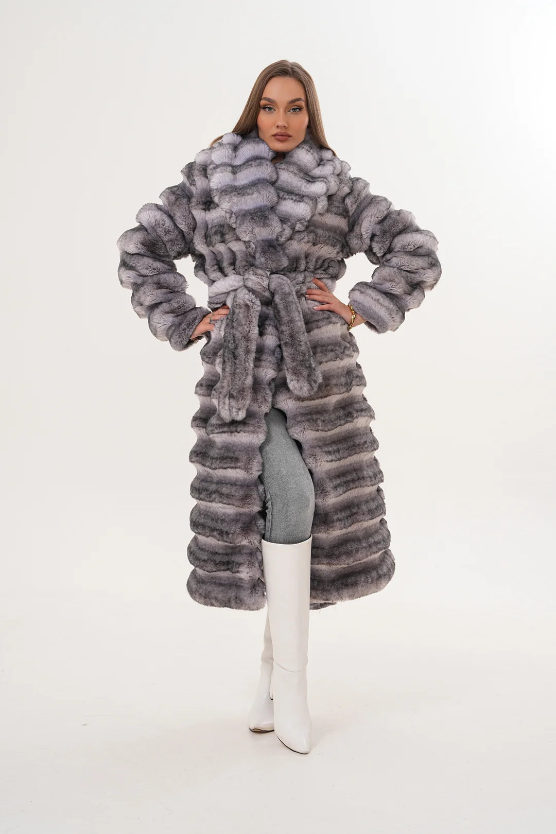 Grey Chinchilla Pattern Faux Fur Coat