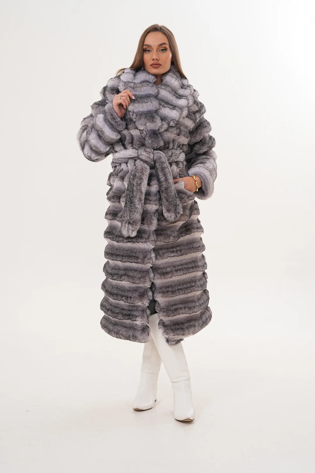 Grey Chinchilla Pattern Faux Fur Coat