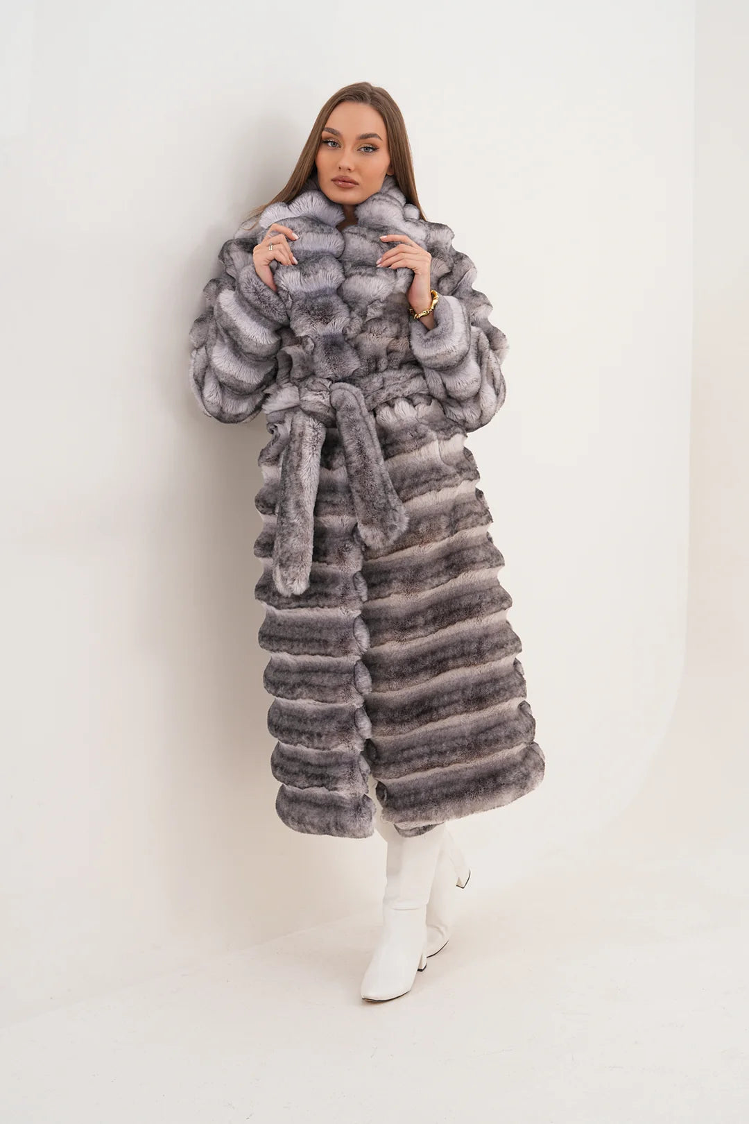 Grey Chinchilla Pattern Faux Fur Coat