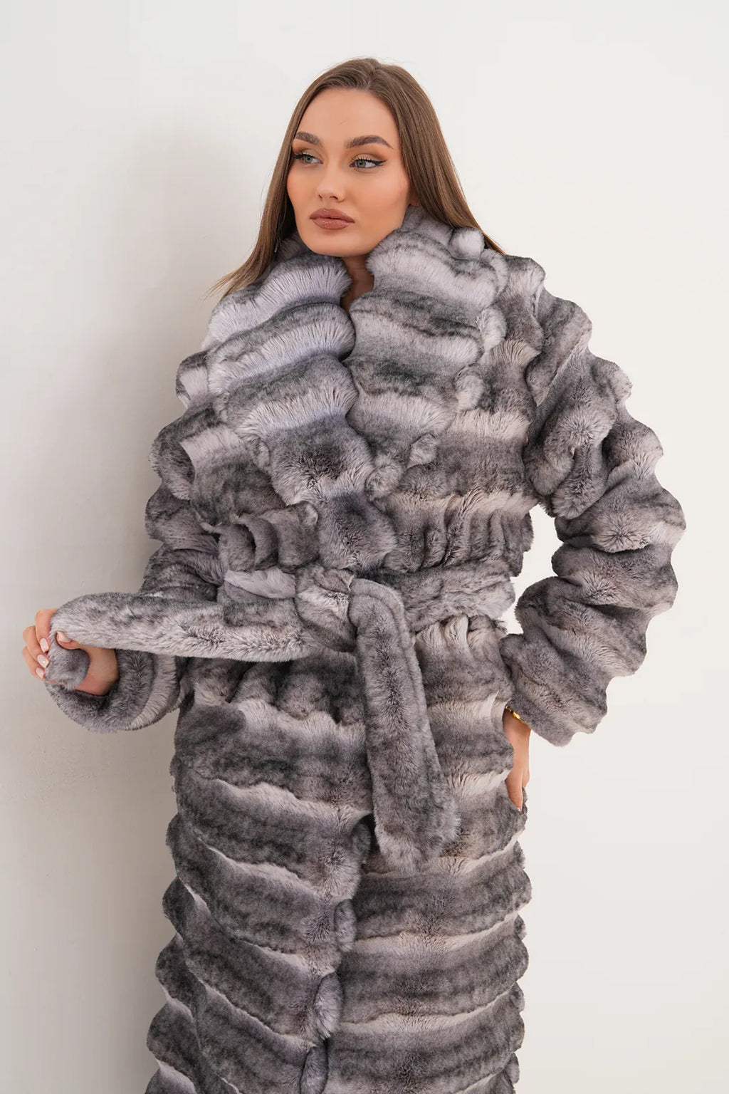 Grey Chinchilla Pattern Faux Fur Coat