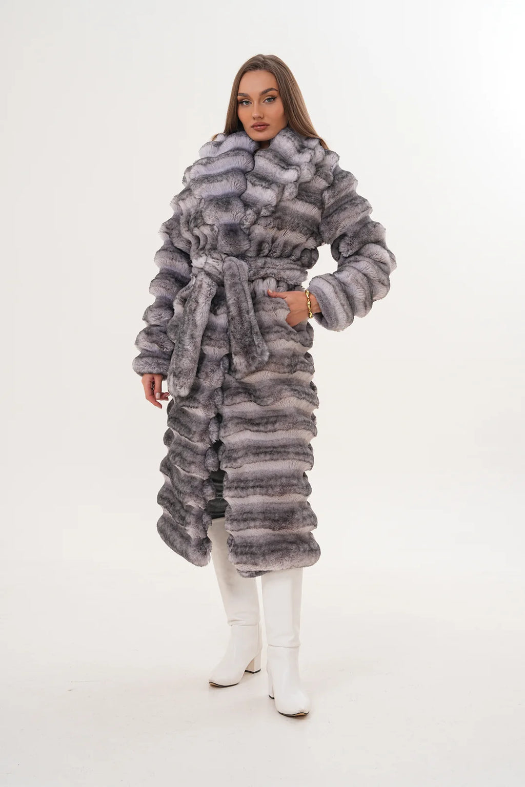 Grey Chinchilla Pattern Faux Fur Coat