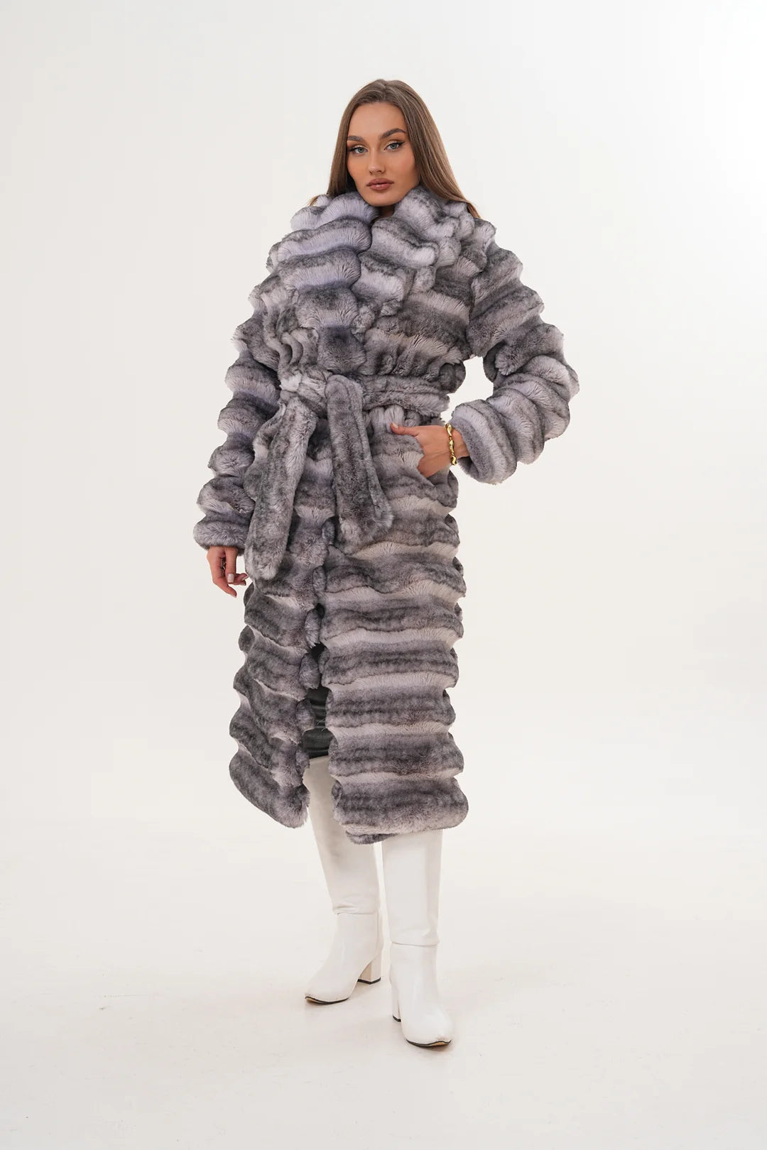 Grey Chinchilla Pattern Faux Fur Coat