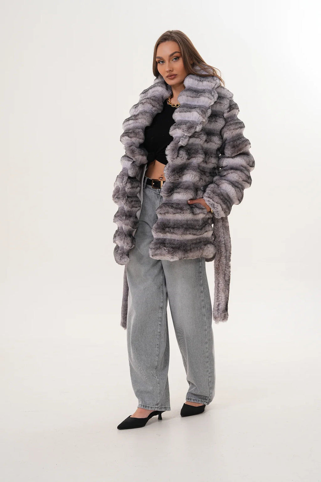 Grey Midi-Length Chinchilla Patterned Faux Fur Coat