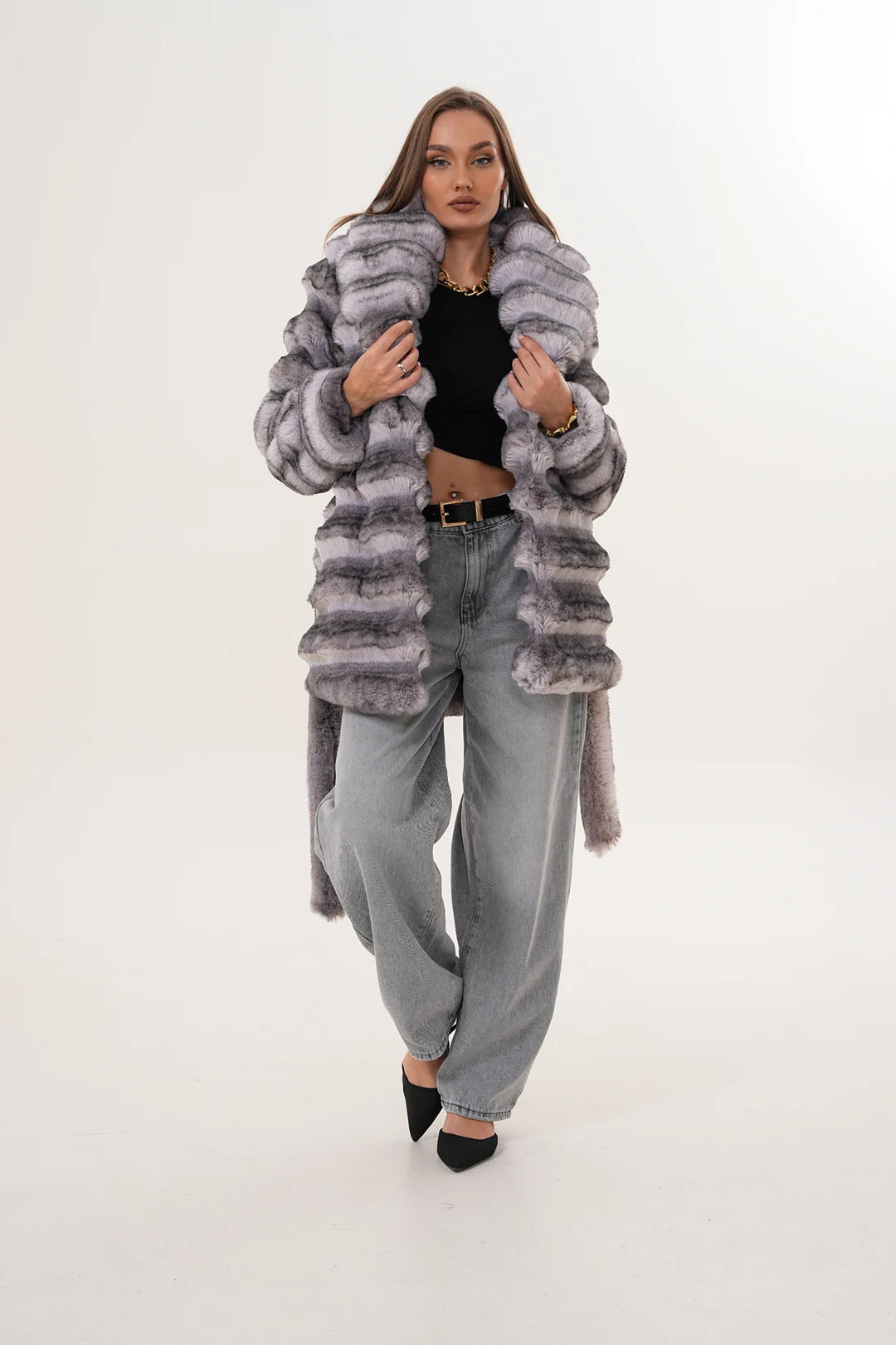 Grey Midi-Length Chinchilla Patterned Faux Fur Coat