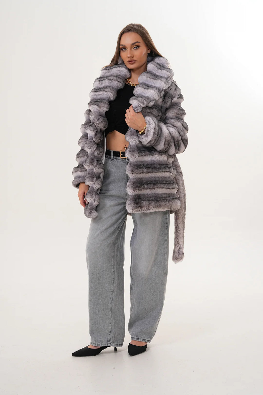 Grey Midi-Length Chinchilla Patterned Faux Fur Coat