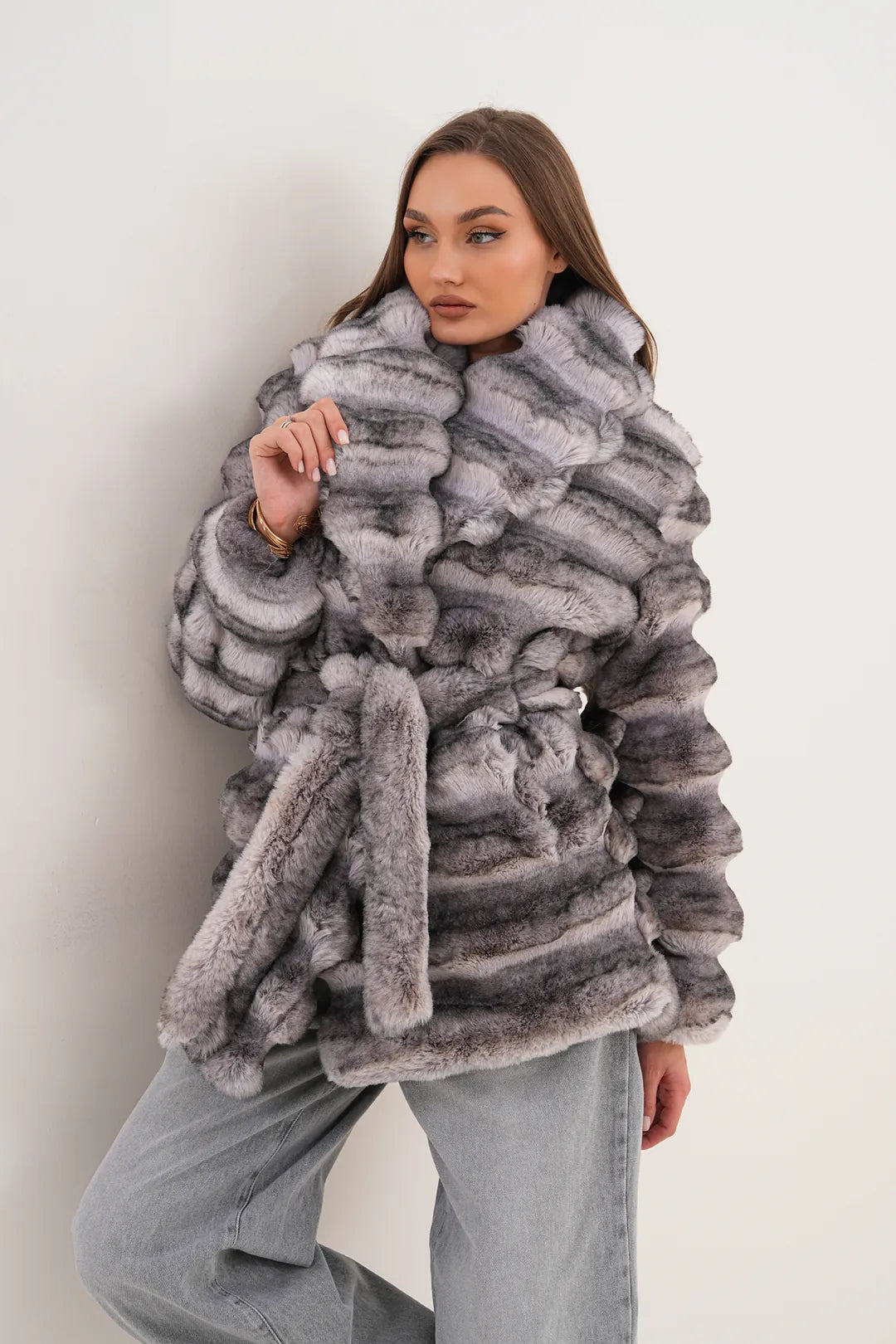 Grey Midi-Length Chinchilla Patterned Faux Fur Coat