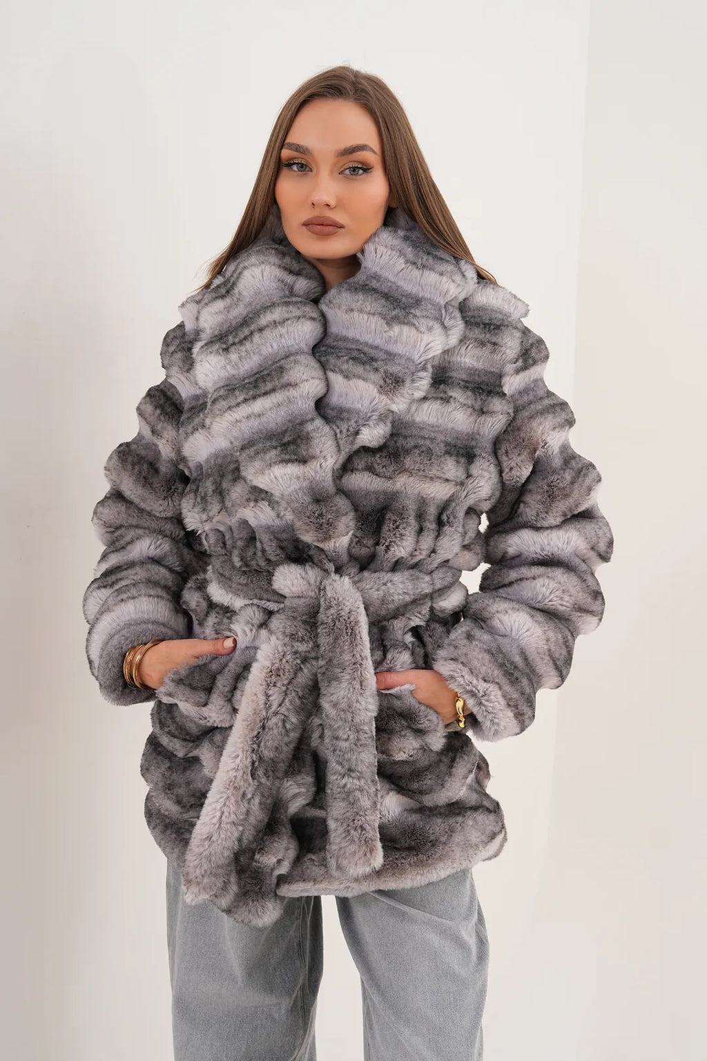 Grey Midi-Length Chinchilla Patterned Faux Fur Coat