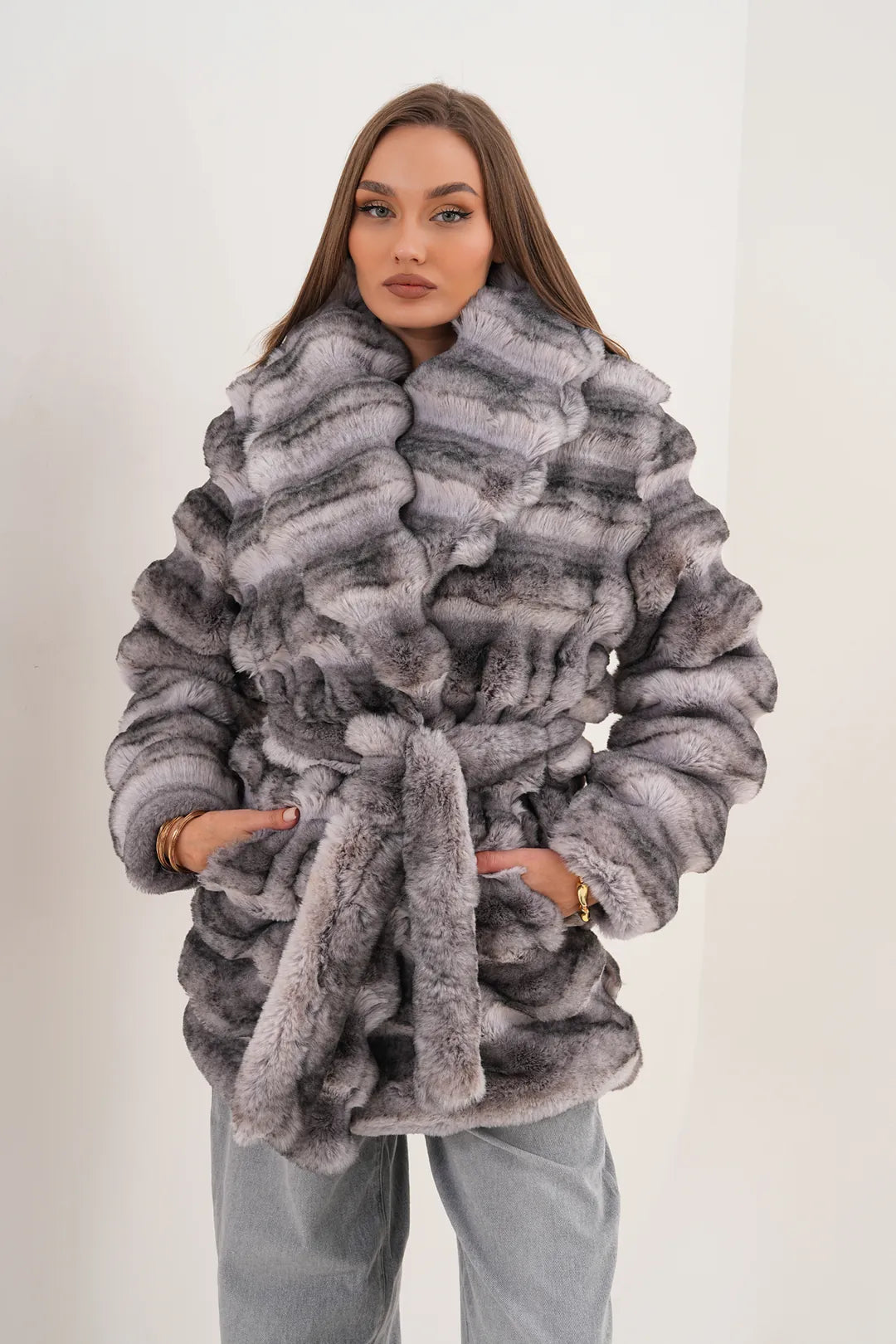 Grey Midi-Length Chinchilla Patterned Faux Fur Coat