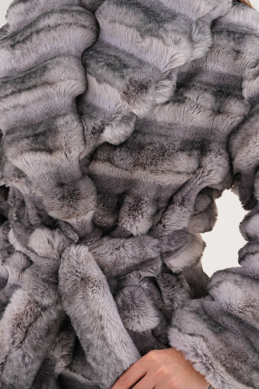 Grey Midi-Length Chinchilla Patterned Faux Fur Coat