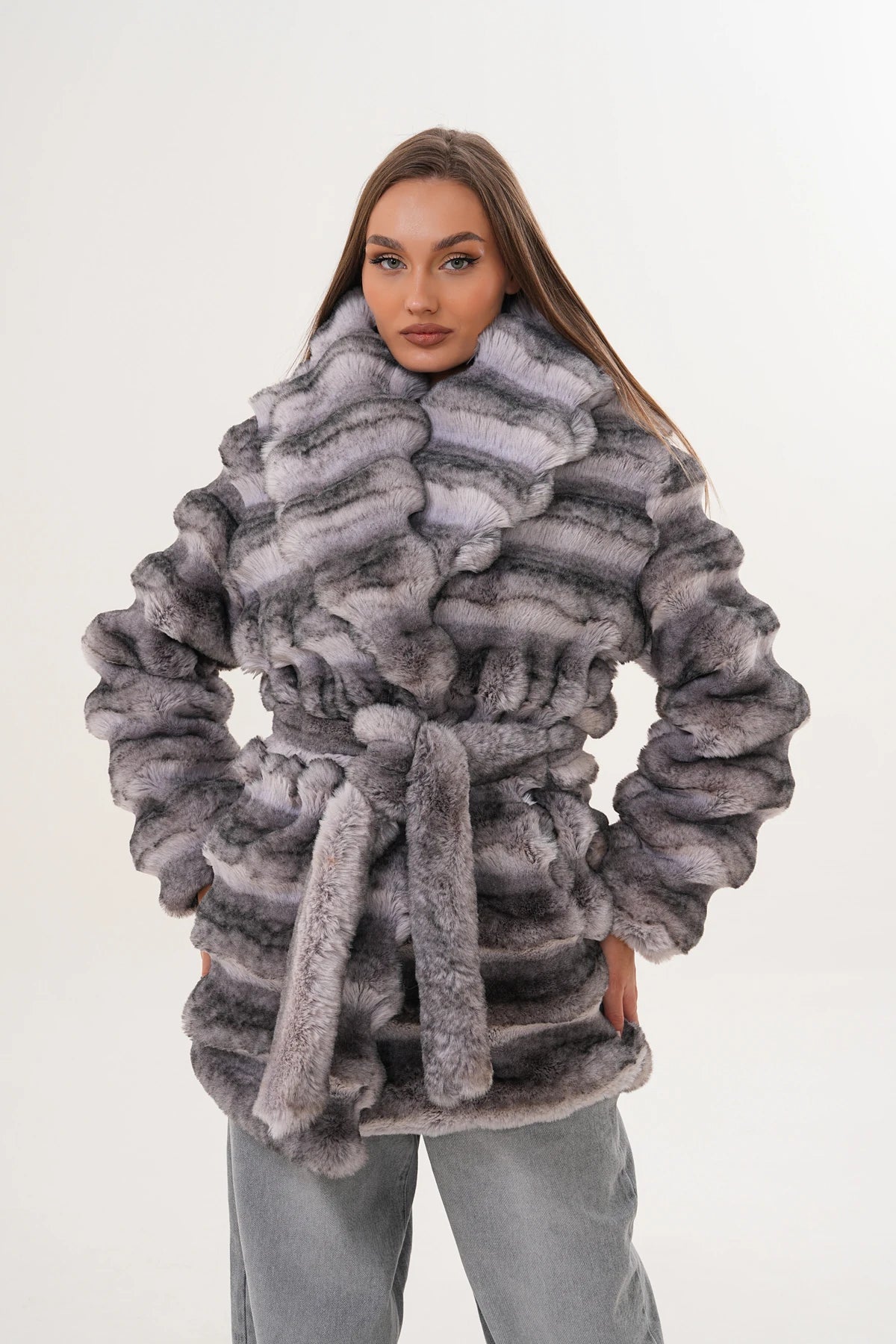Grey Midi-Length Chinchilla Patterned Faux Fur Coat