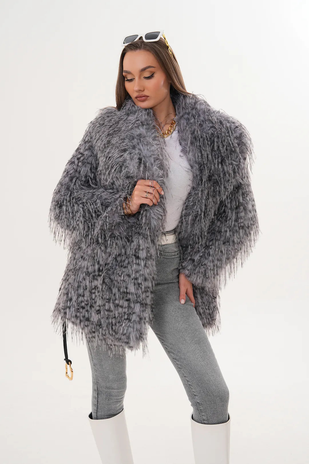 Grey Midi-Length Long-Hair Belted Leopard Shawl Collar Faux Fur Coat