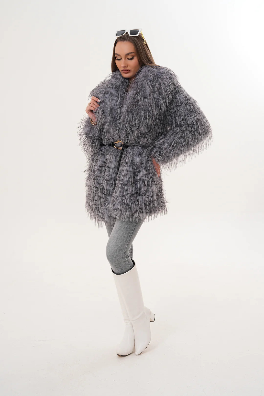 Grey Midi-Length Long-Hair Belted Leopard Shawl Collar Faux Fur Coat