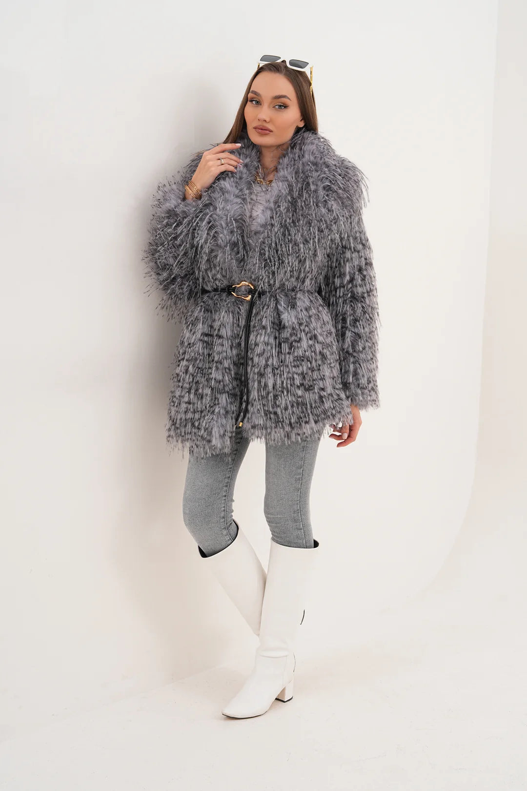 Grey Midi-Length Long-Hair Belted Leopard Shawl Collar Faux Fur Coat