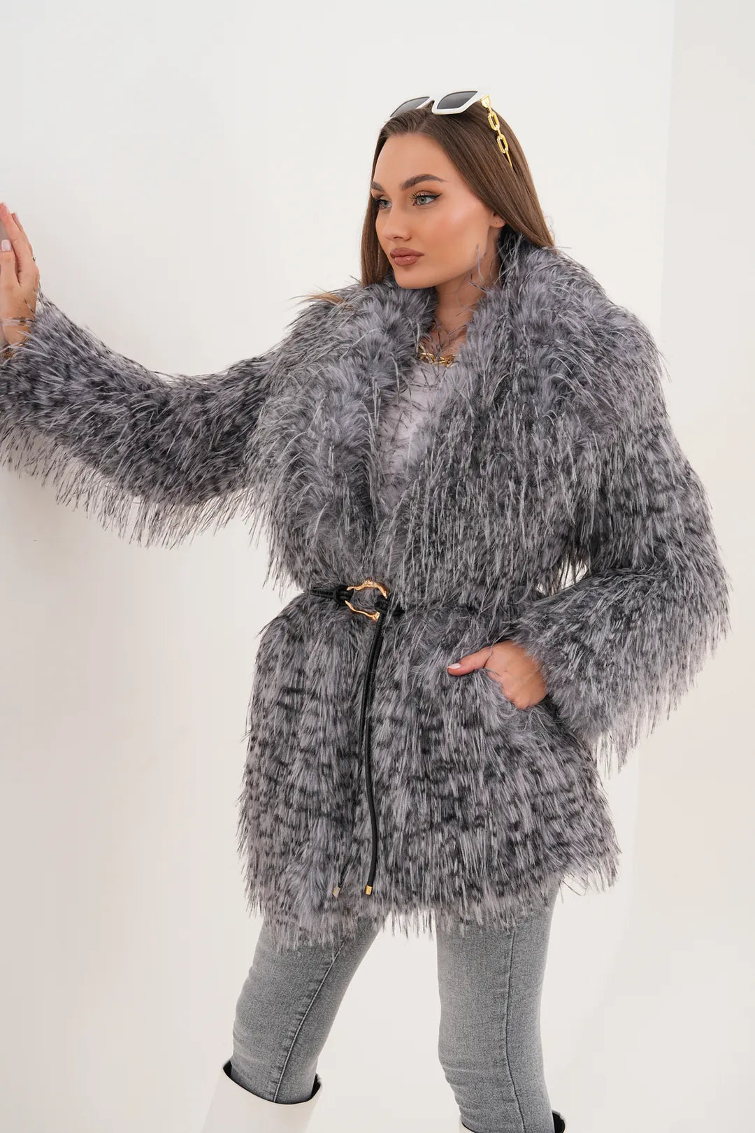 Grey Midi-Length Long-Hair Belted Leopard Shawl Collar Faux Fur Coat