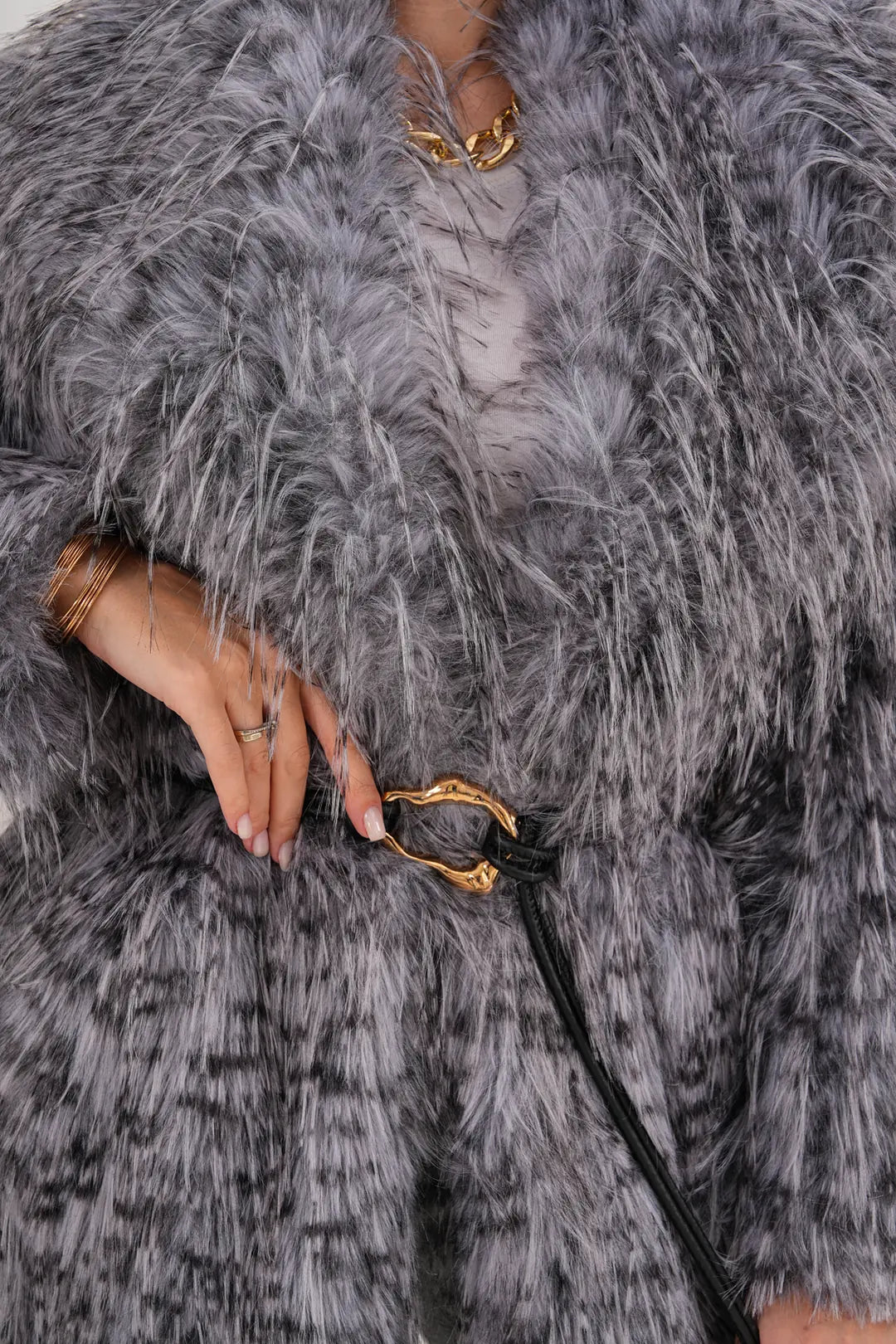 Grey Midi-Length Long-Hair Belted Leopard Shawl Collar Faux Fur Coat