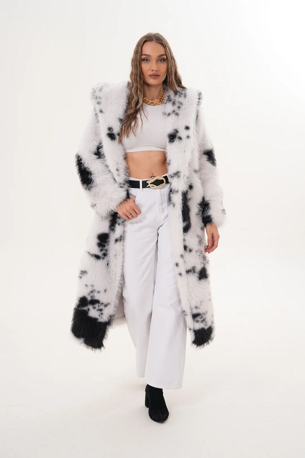 Hooded White Black Faux Fur Coat