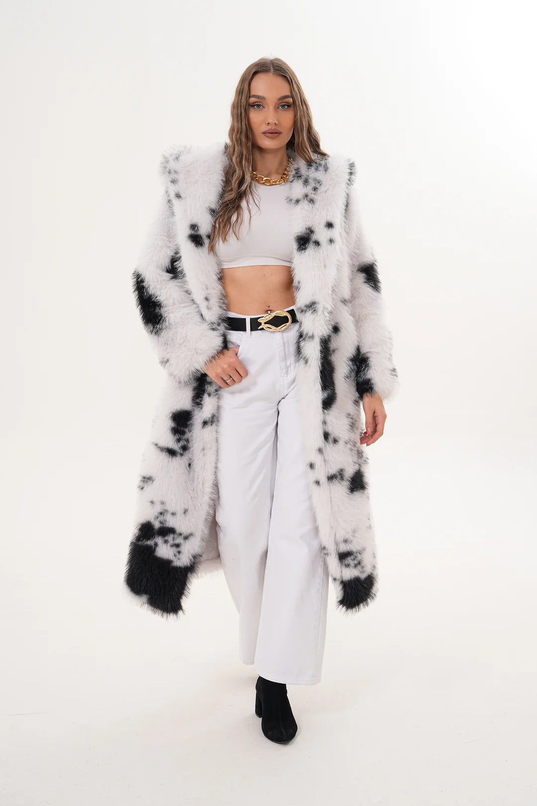 Hooded White Black Faux Fur Coat