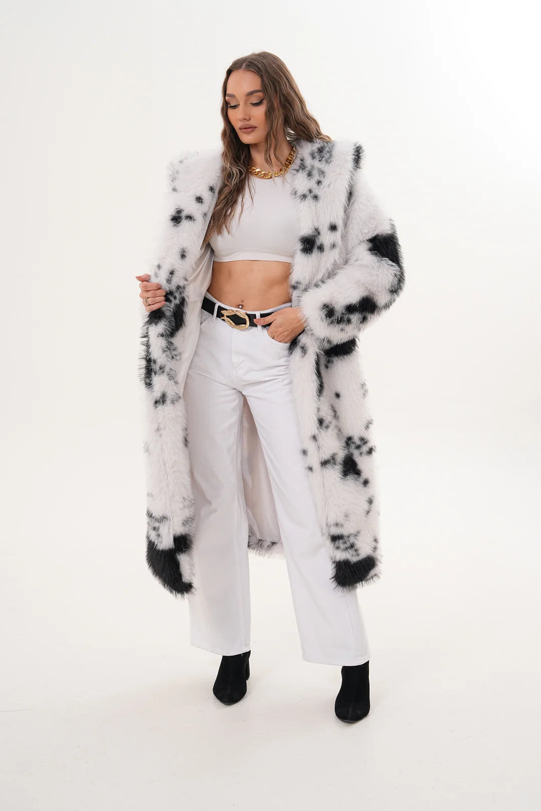 Hooded White Black Faux Fur Coat