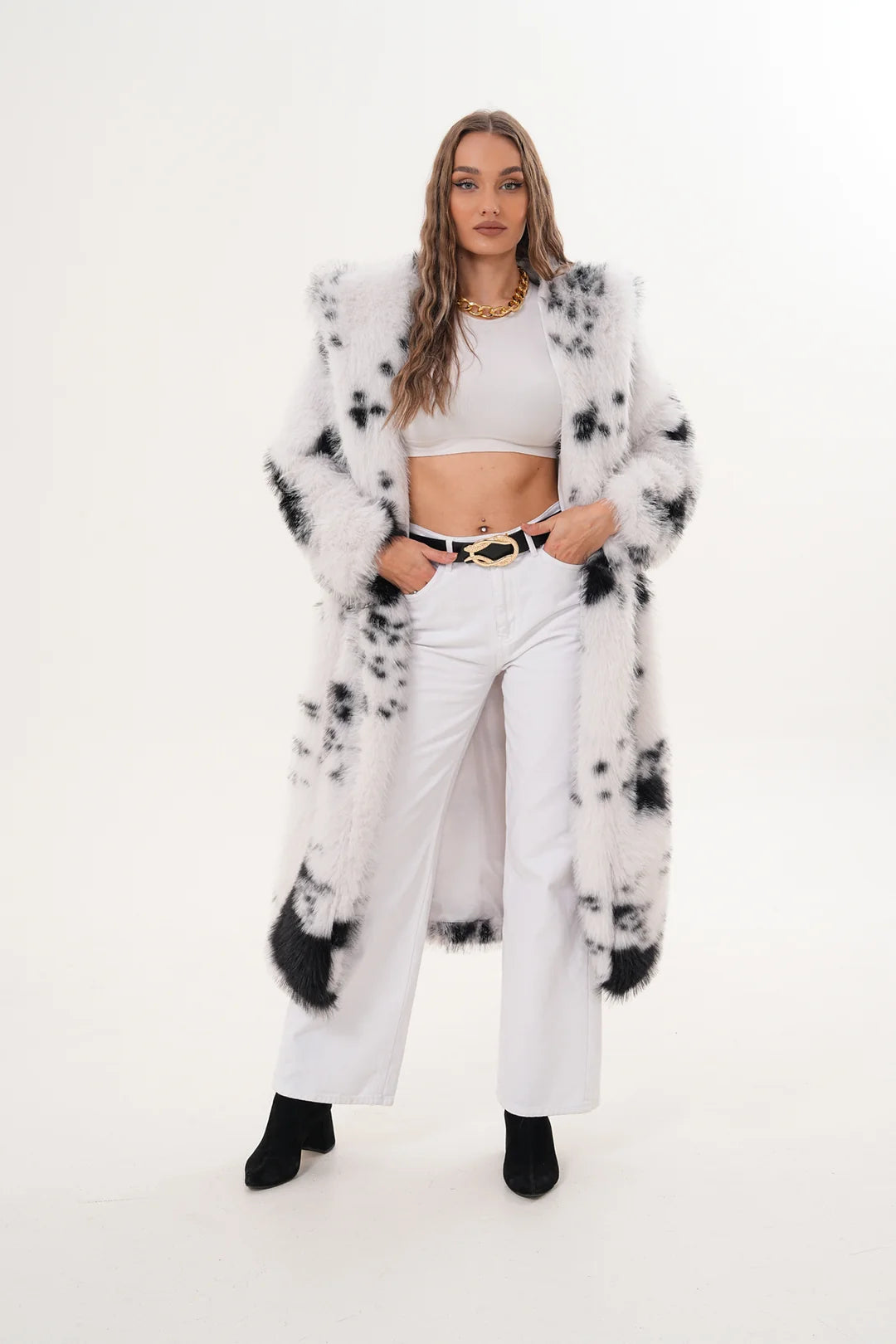 Hooded White Black Faux Fur Coat