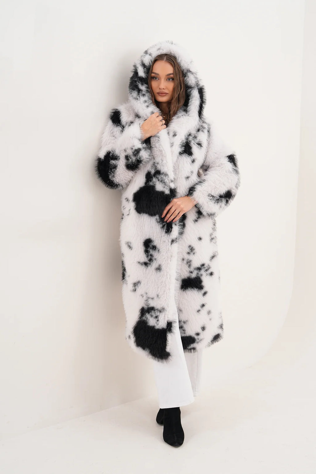 Hooded White Black Faux Fur Coat