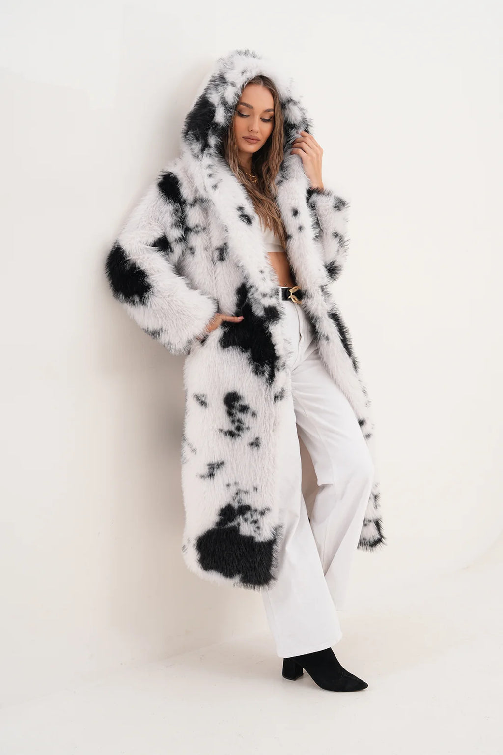 Hooded White Black Faux Fur Coat