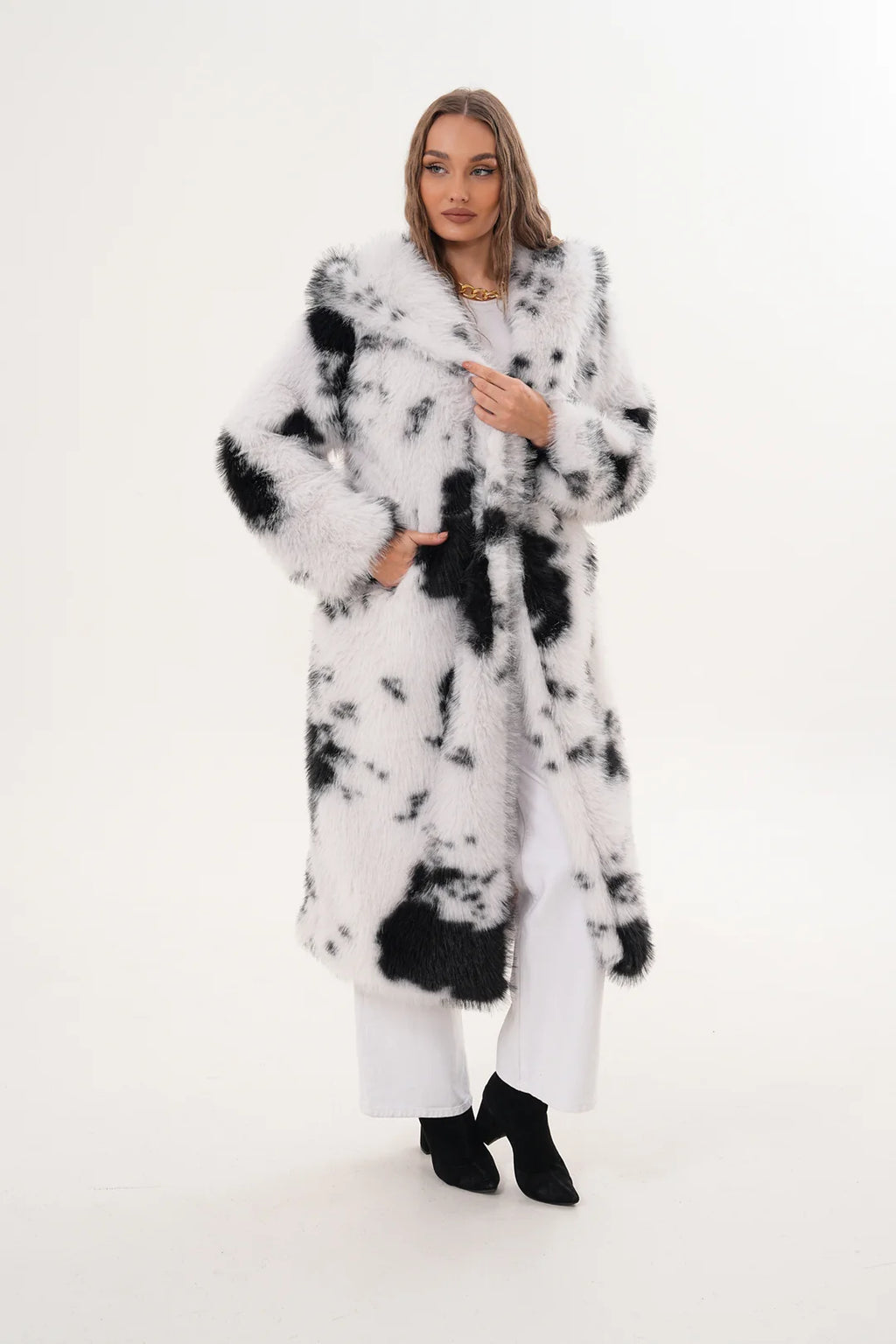 Hooded White Black Faux Fur Coat