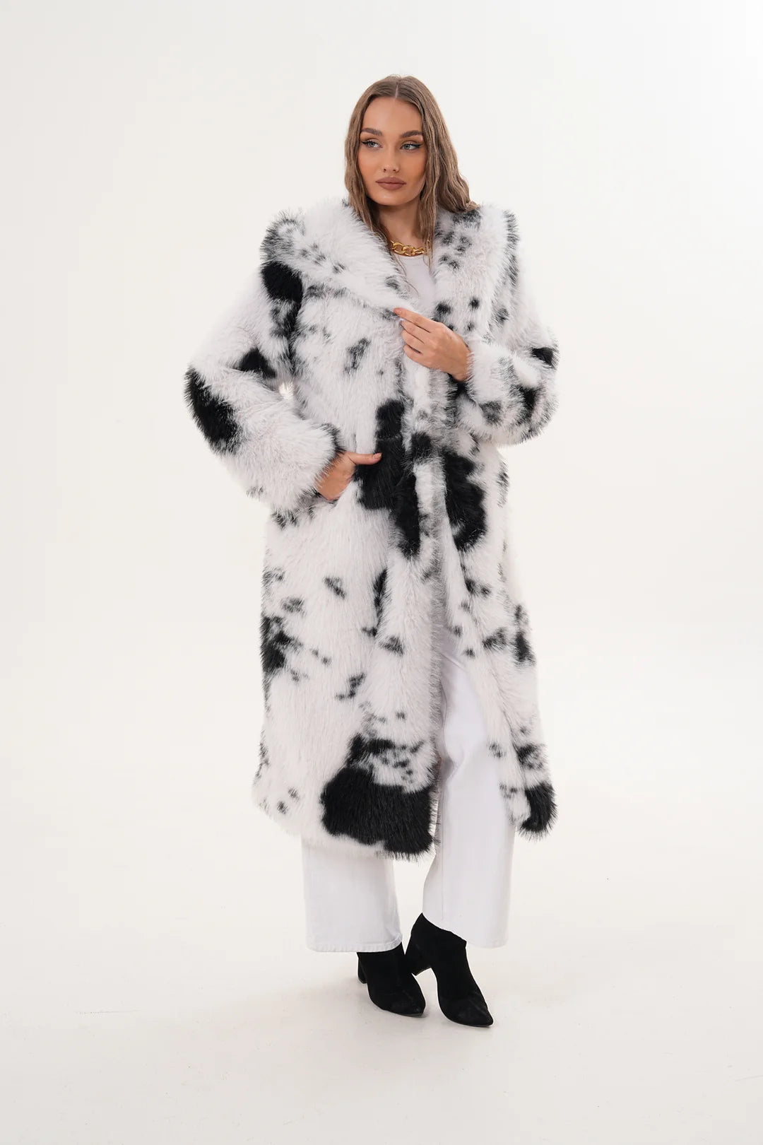 Hooded White Black Faux Fur Coat