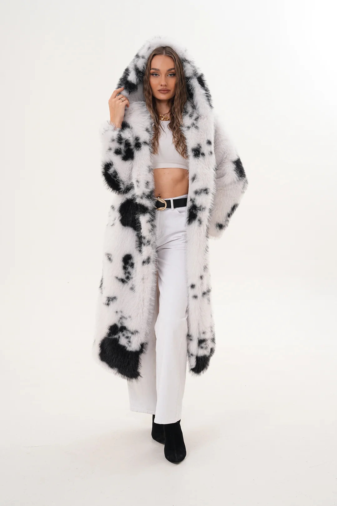 Hooded White Black Faux Fur Coat