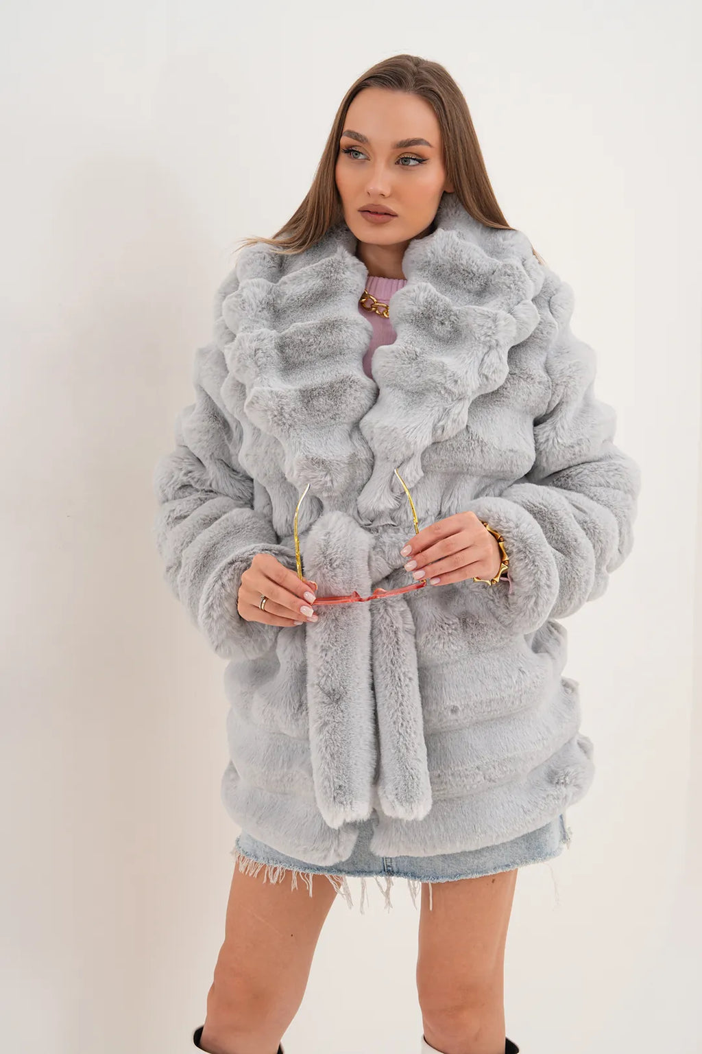 Midi-Length Chinchilla Style Faux Fur Coat