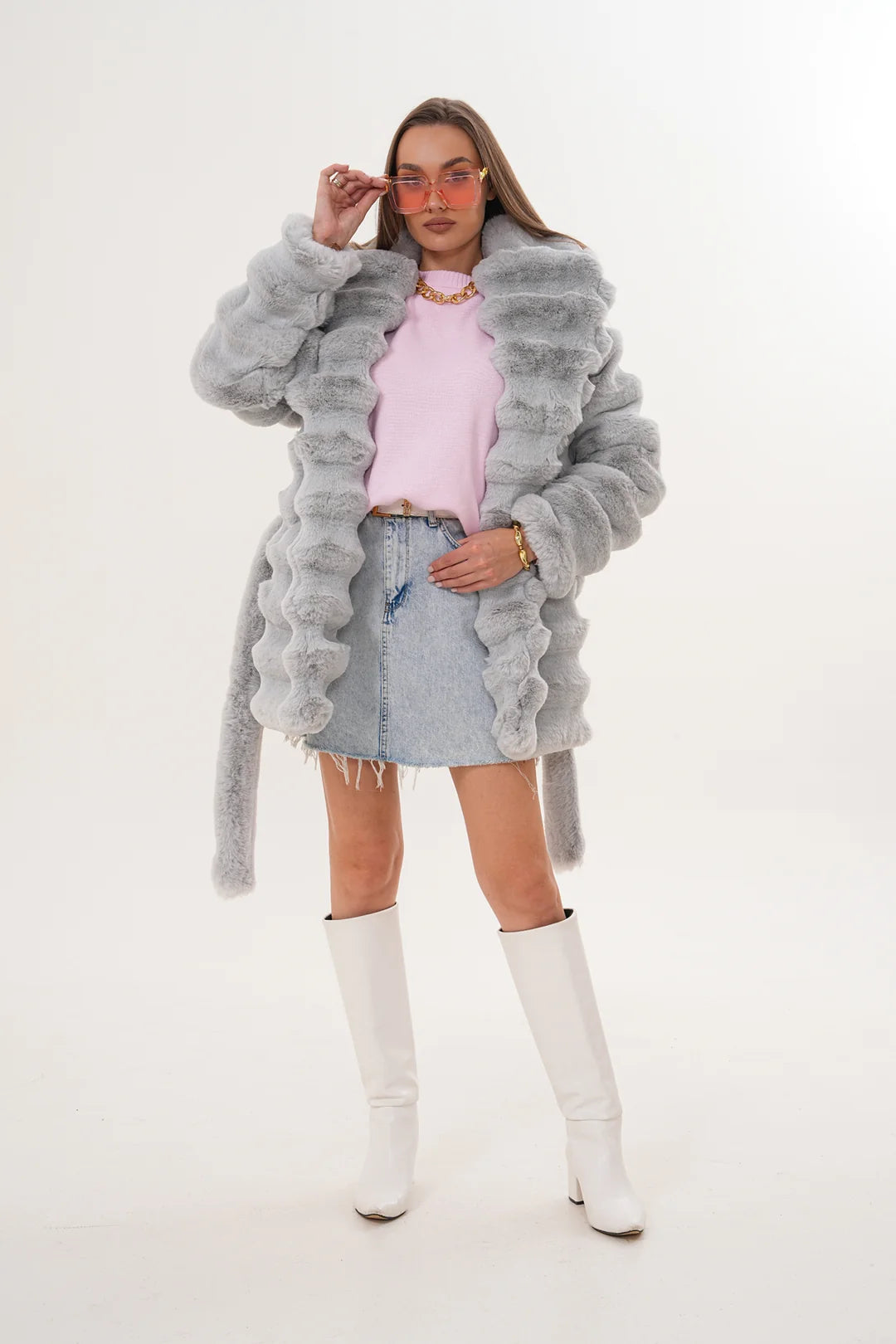 Midi-Length Chinchilla Style Faux Fur Coat