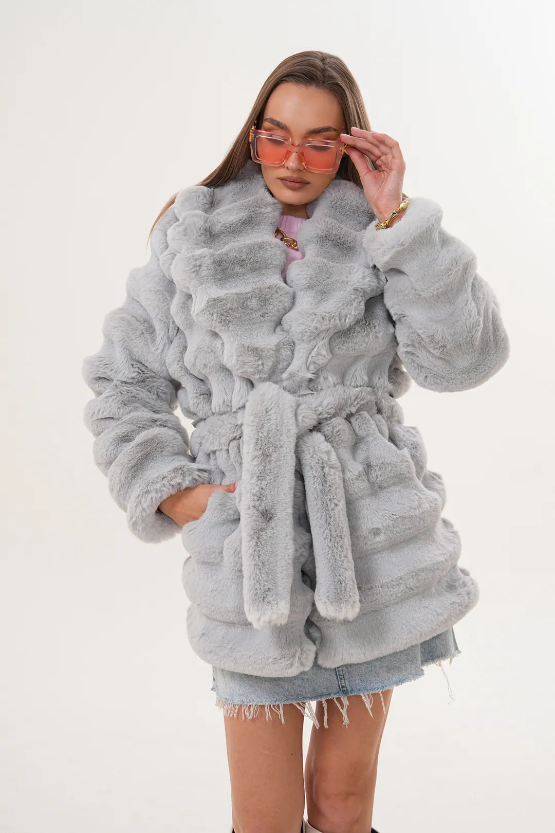 Midi-Length Chinchilla Style Faux Fur Coat