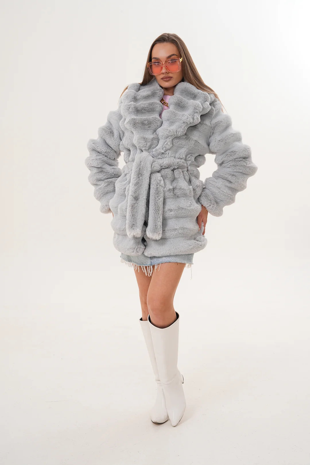Midi-Length Chinchilla Style Faux Fur Coat