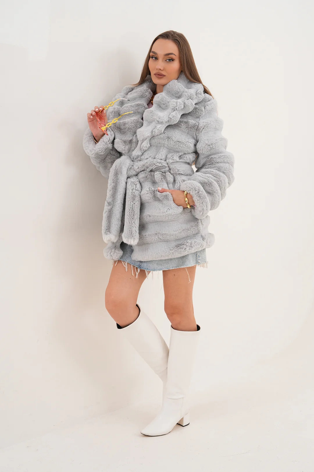 Midi-Length Chinchilla Style Faux Fur Coat