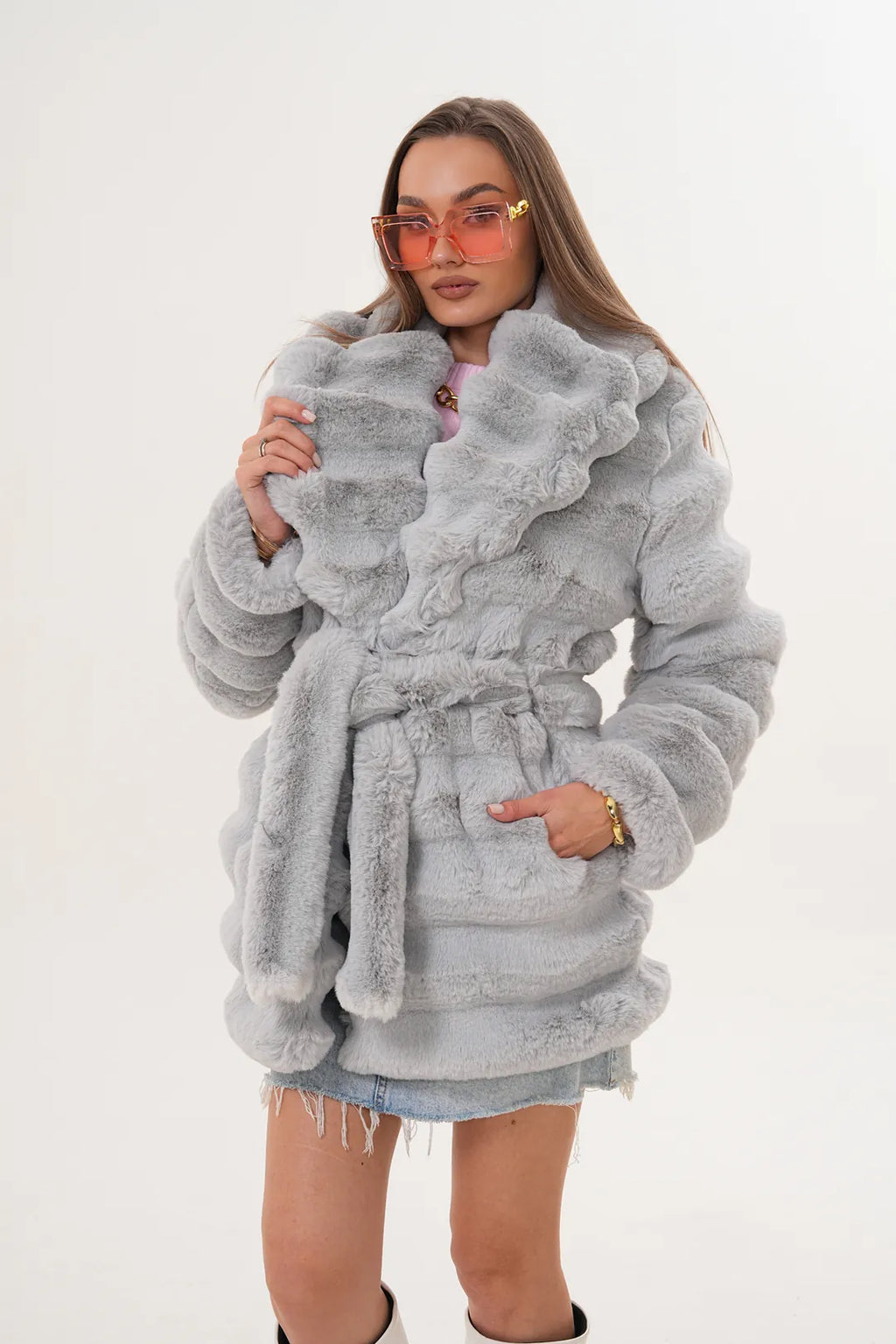 Midi-Length Chinchilla Style Faux Fur Coat
