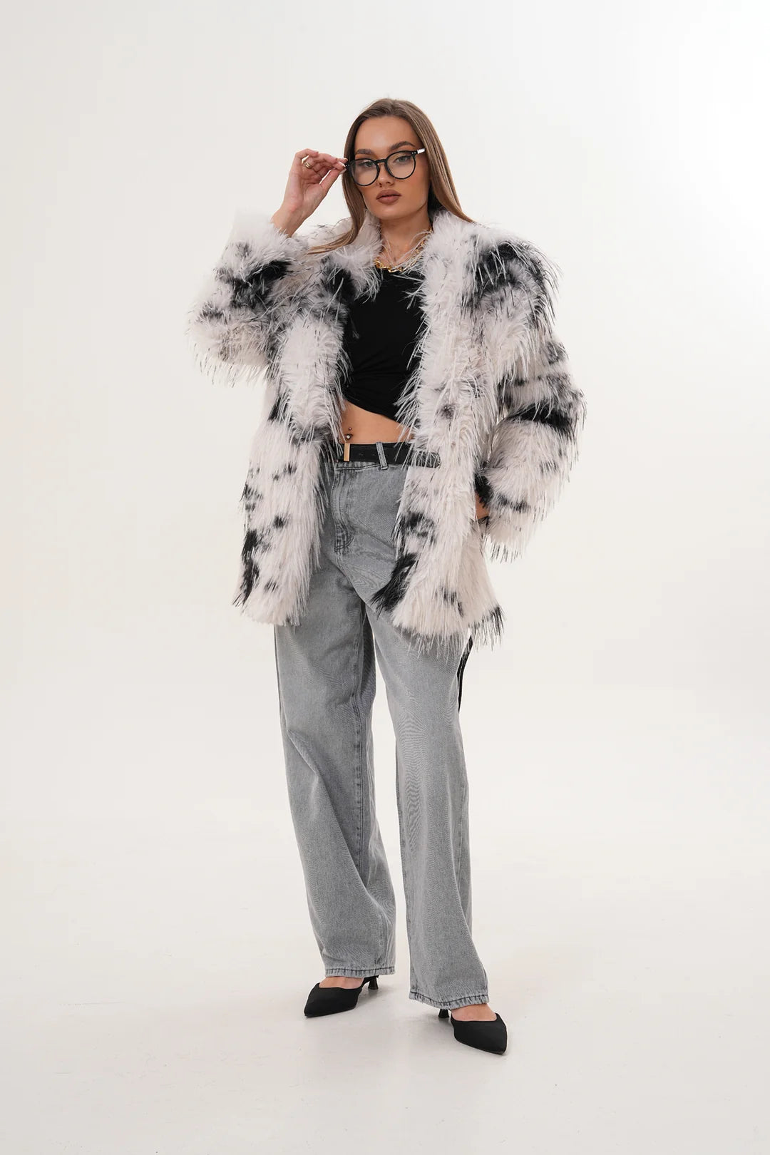 Midi-Length Long-Hair Belted Leopard Shawl Collar Faux Fur Coat