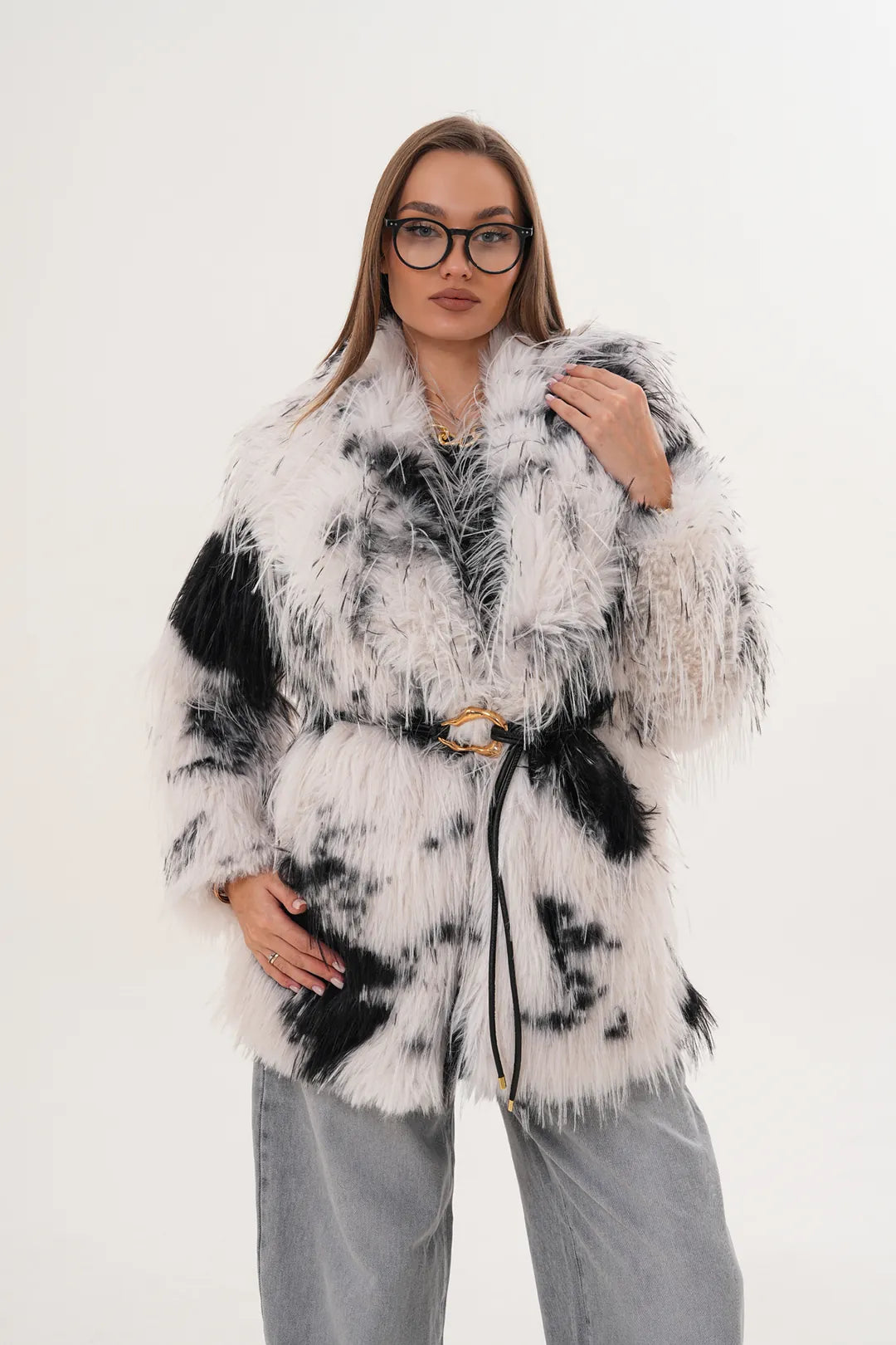Midi-Length Long-Hair Belted Leopard Shawl Collar Faux Fur Coat