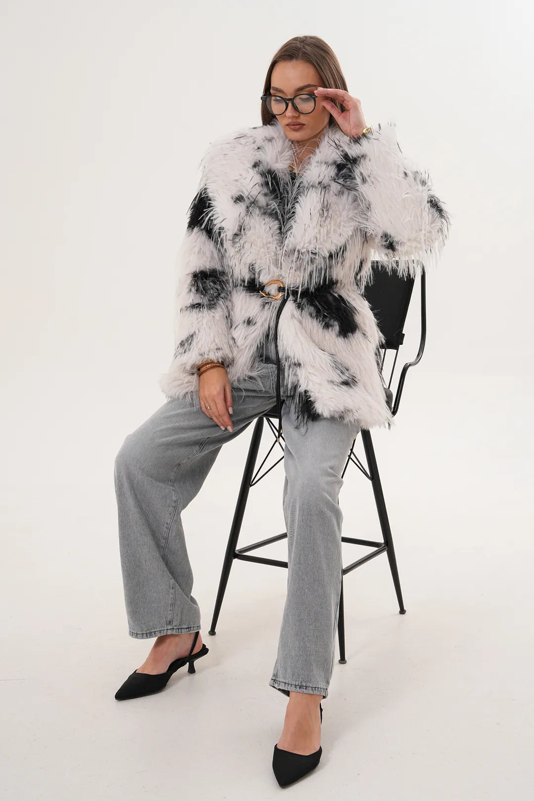 Midi-Length Long-Hair Belted Leopard Shawl Collar Faux Fur Coat
