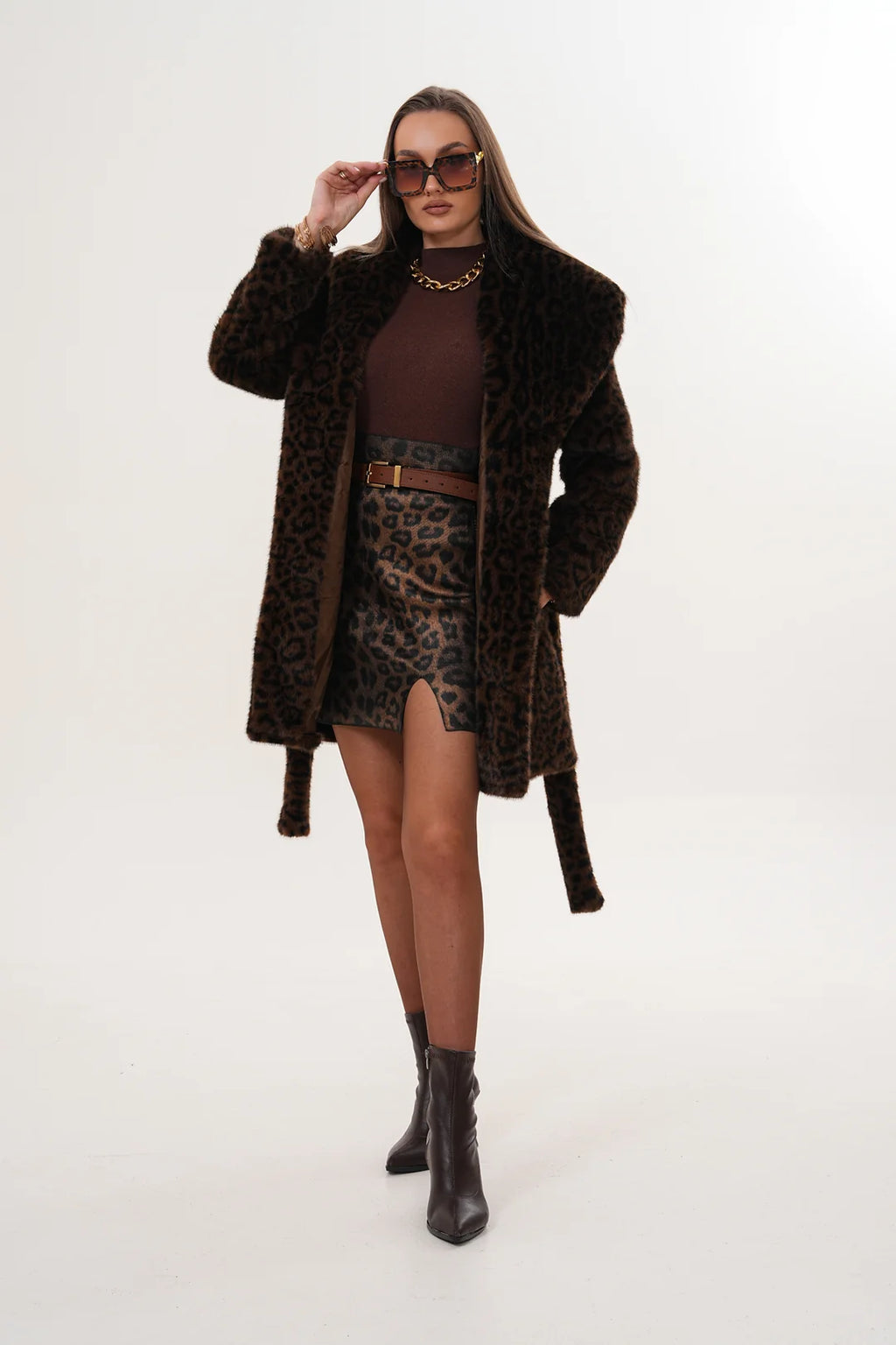 Midi-Length Mink Leopard Faux Fur Coat