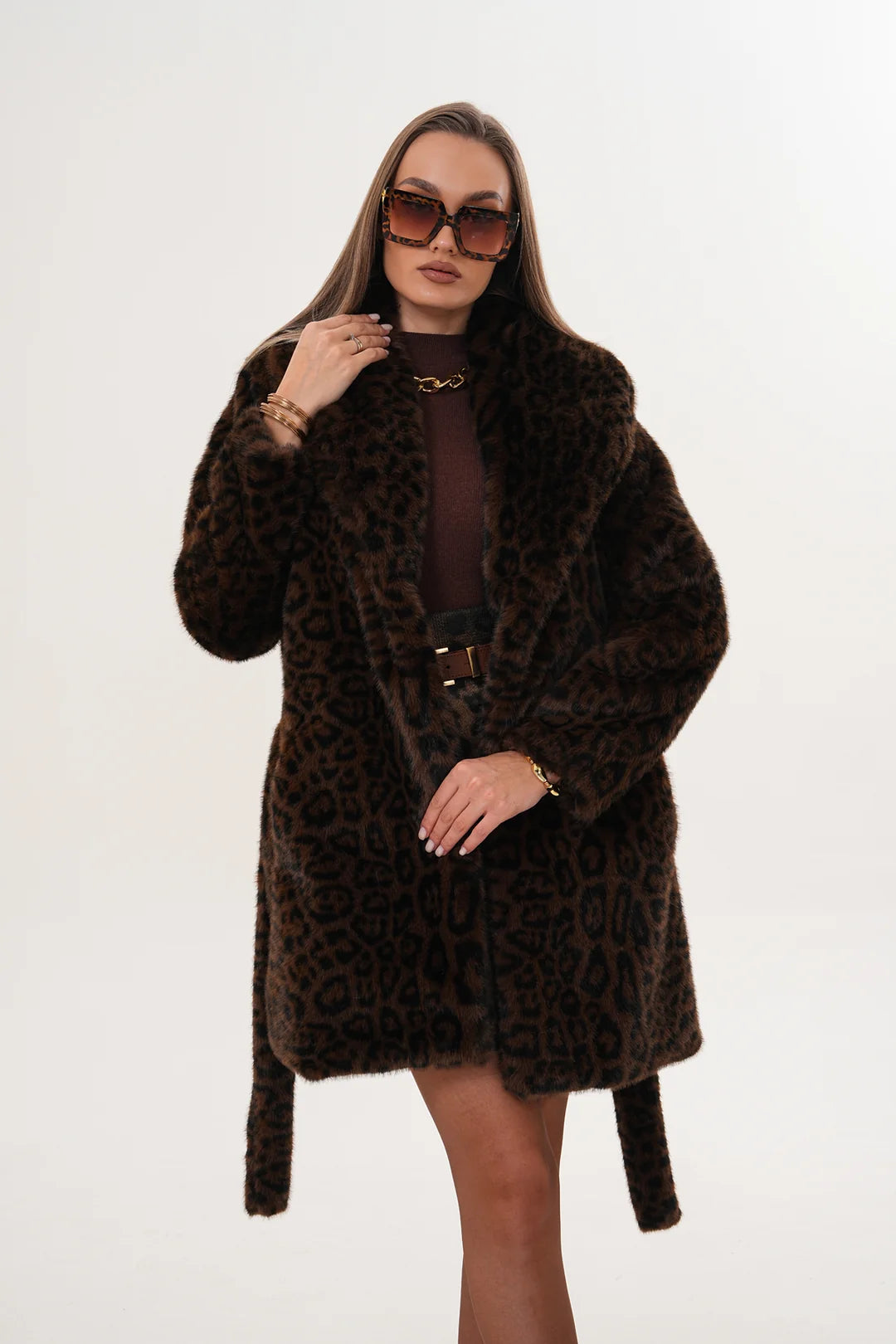 Midi-Length Mink Leopard Faux Fur Coat
