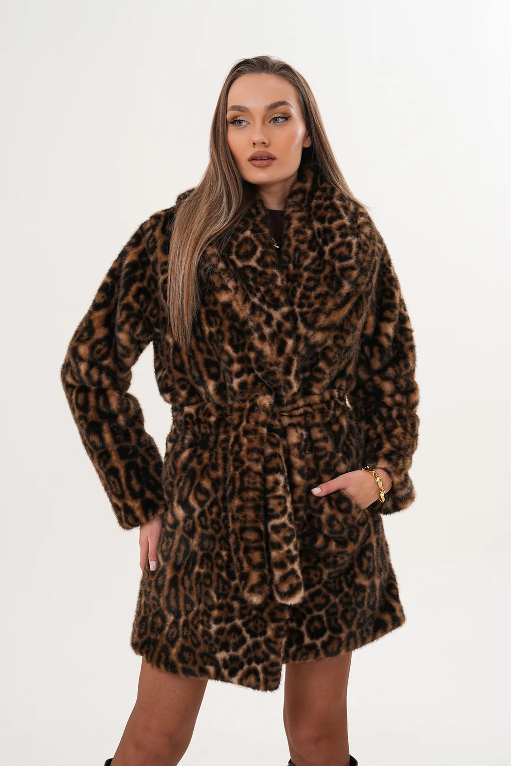 Midi-Length Mink Leopard Faux Fur Coat